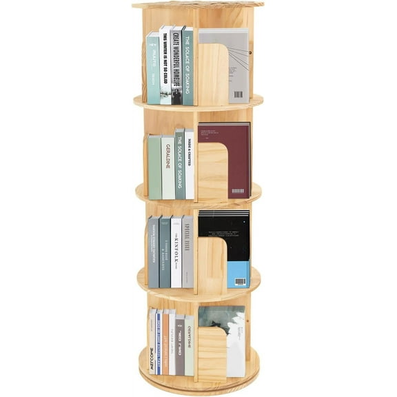 4 Tier Bookshelf Rotating Wood Storage Bookcase, 360° Rotating Bookshelf, Floor-Standing Cylinder Storage Display Rack for Home, Living Room, 17.7 x 50.4In