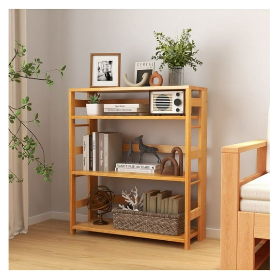 4-Tier Bookshelf Rubber Wood Bookcase with Side Fences, Living Room Shelves for Books, Plants & Display, Sturdy Open Storage Rack, Natural Finish, Easy Assembly