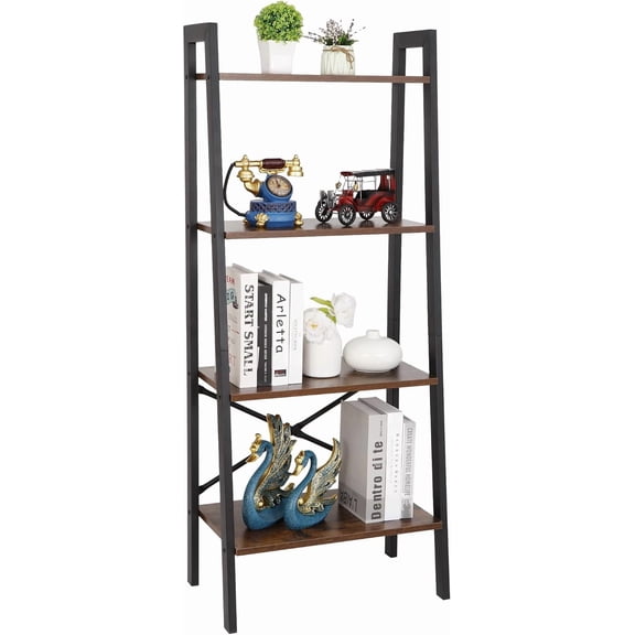 4 Tier Bookshelf Rustic Ladder Shelf Storage Rack Wall Shelves Corner Bookcase Shelving Home Decor Plant Flower Stand with Metal Frame & Wood Leaning for Living Room,Bathroom,Kitchen,Office