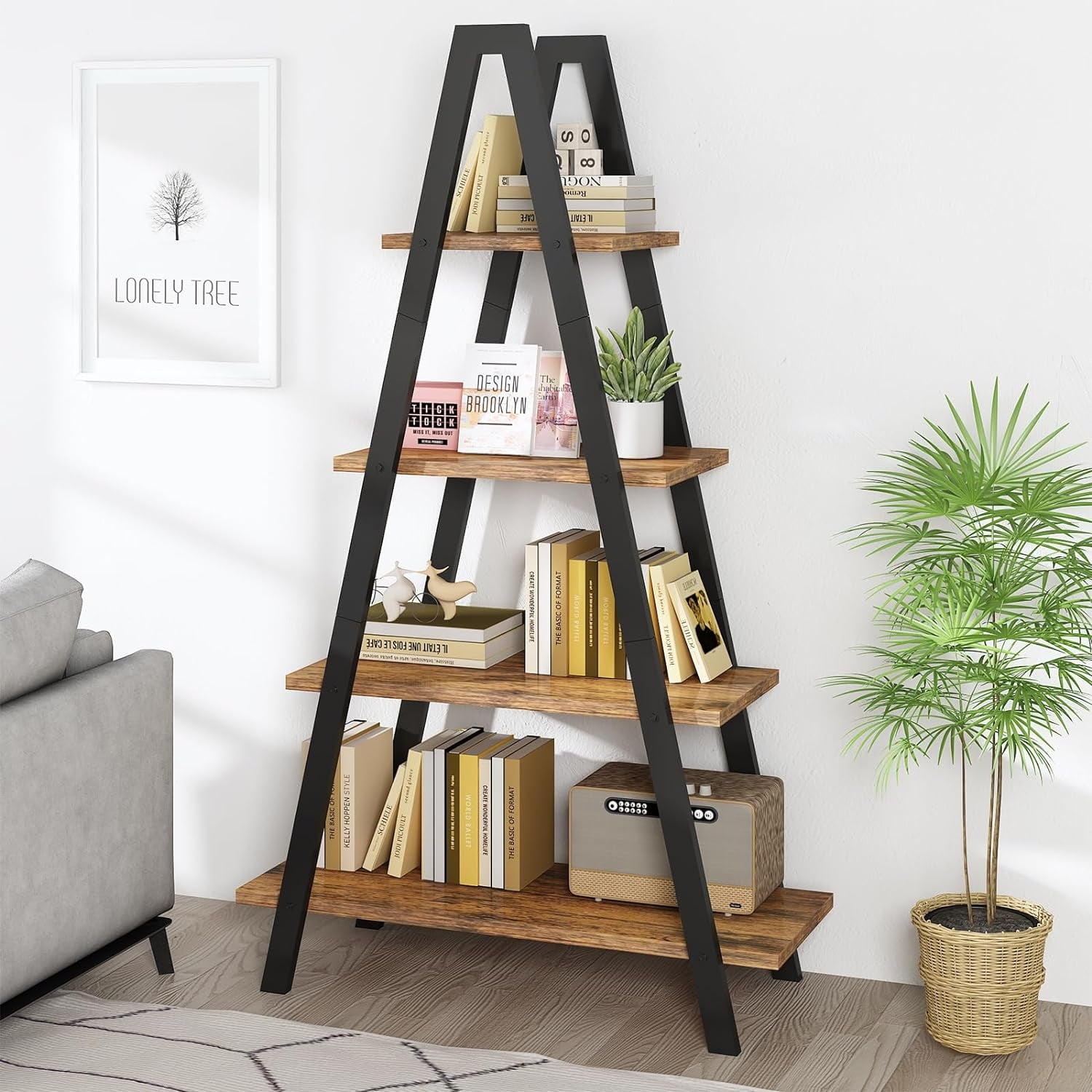 4Tier Bookshelf Shaped Bookcase Industrial Ladder Open Display Shelves with Metal Frame