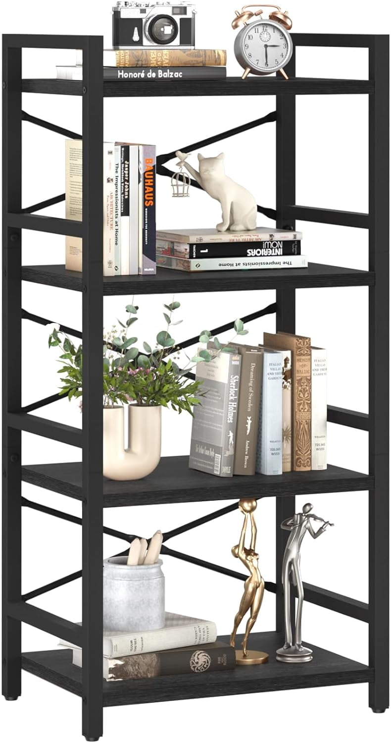 Black 4-Tier Industrial Wood and Metal Bookshelf