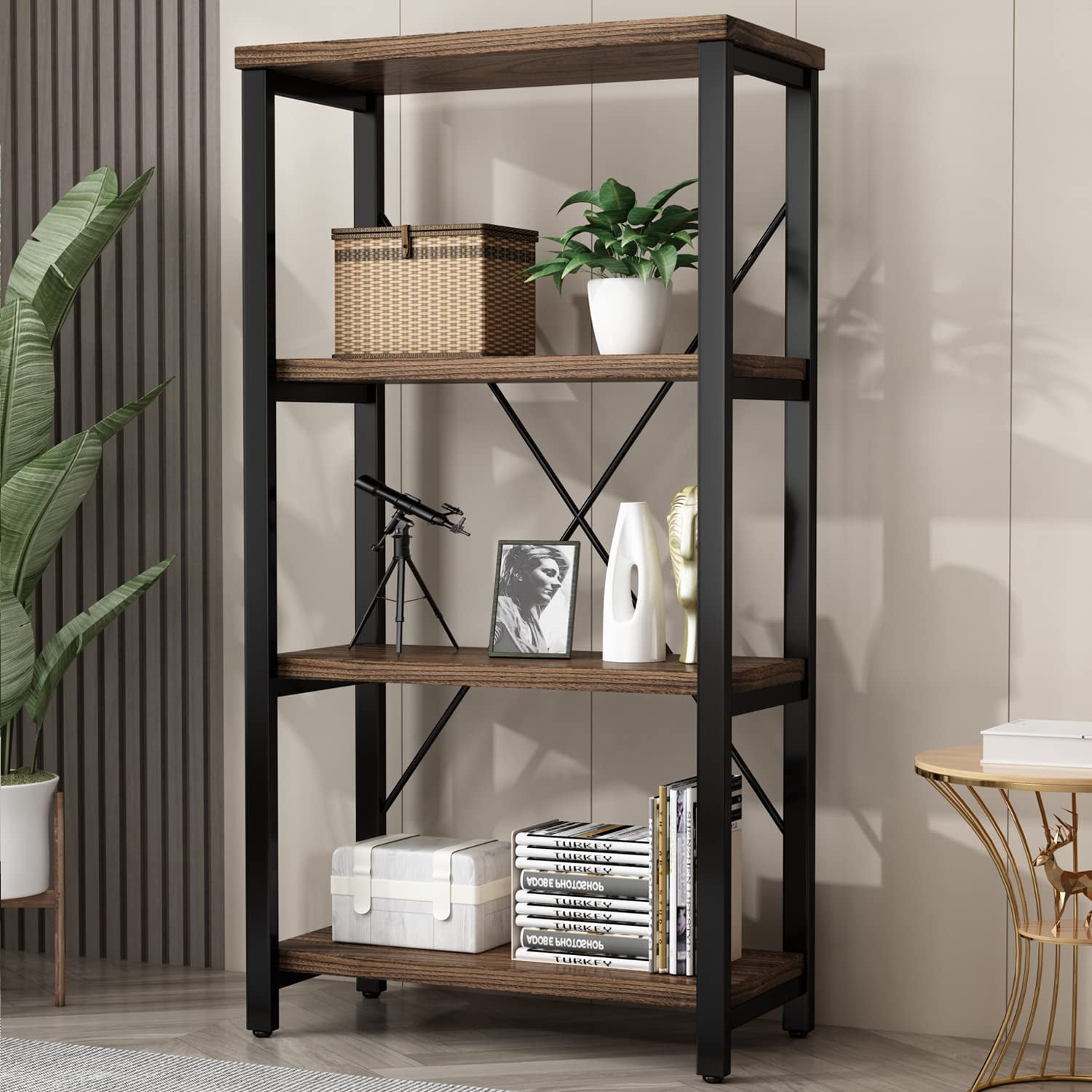 4 Tier Solid Wood Bookshelf - Vintage Industrial Storage Shelf, Rustic Brown, 31.5"W X 48.8"H X 11.8"D