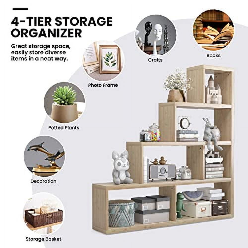 4 Tier Bookshelf, Step Bookcase with 6 Separate Storage Cubes, Wood ...