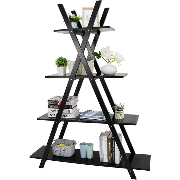 4 Tier Bookshelf Storage Shelves, Bookcase Ladder Shelf Home Office A Frame Wooden Display Shelves for Potted Plant, Photos, Books Storage Organizer Rack