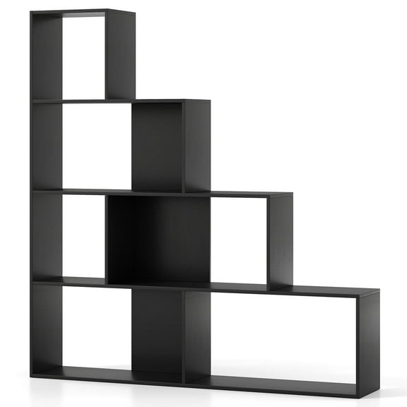 4-Tier Bookshelf with 6 Storage Cubes 64" Tall Modern Geometric Stair Bookcase