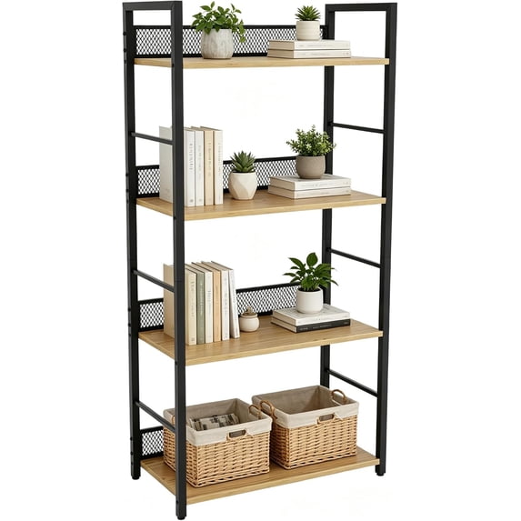4-Tier Bookshelf with Metal Frame and Wood Shelves Industrial Bookcase ...