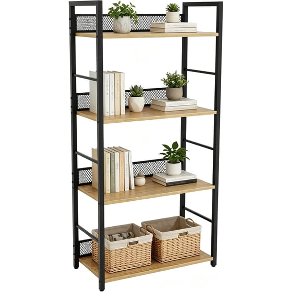 4-Tier Bookshelf with Metal Frame and Wood Shelves Industrial Bookcase Storage Rack for Bedroom Living Room and Office