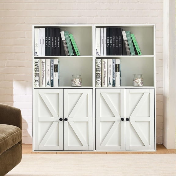 4-Tier Bookshelves and Bookcases Set of 2, Farmhouse Bookcase with Barn Doors, Bookshelf & Storage Cabinet with Display Shelves for Living Room, Home Office, Bedroom, White
