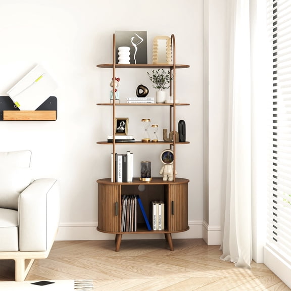 4 Tiers Open Bookshelf, Tall Display Shelf with Sliding Doors, Storage Organizer Rack for Living Room Home Office