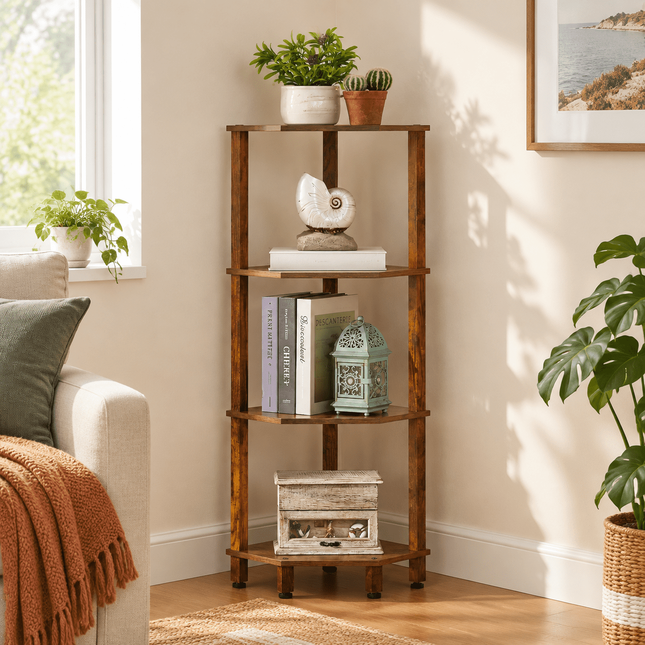 4 Tier Brown Corner Shelf Unit, Vertical Storage Organizer for Small ...
