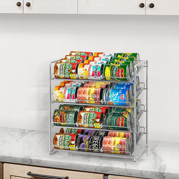 4-Tier Can Organizer, Can Storage Dispenser Holds 48 Jars for Kitchen Cabinets or Pantry, Silver