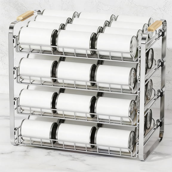 4 Tier Can Organizer for Pantry, Space-Saving Adjustable Metal Hold 40 Standard 12-oz Cans Storage Rack Holder for Countertop Kitchen Soda Drinks Fruits, Chrome
