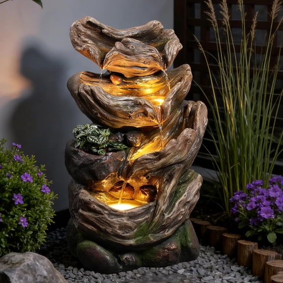 4-Tier Cascading Outdoor Water Fountain, 25.2" H Realistic Tree Trunk Garden Waterfall Fountains for Outside, Water Fountain Outdoor with Lights for Patio, Yard, Deck, Porch and Home Decor