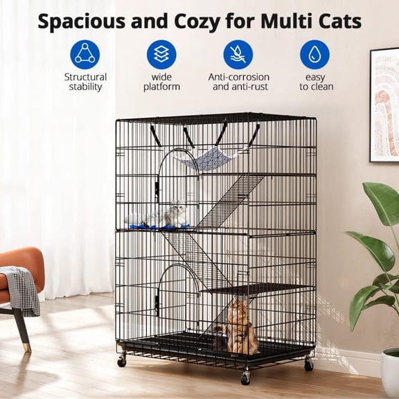 4-Tier Cat Cage 51 Inch Cat Crate Kennel Enclosure Playpen Large Metal Pet Cat Kitten Ferret Animal House Cage Indoor Outdoor with 2 Doors & 1 Hammock