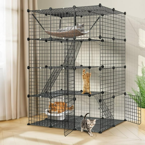 4-Tier Cat Cage Indoor Enclosure DIY Cat Playpen Metal Kennel with Extra Large Hammock, Catio Ideal for 1-3 Cats, Ferret, Chinchilla, Rabbit, Small Animals