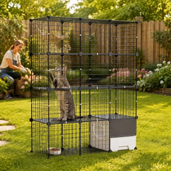 4-Tier Cat Cage Playpen, with Litter Box, Indoor Metal Wire Kennel Crate for Kittens and Small Pets, Black