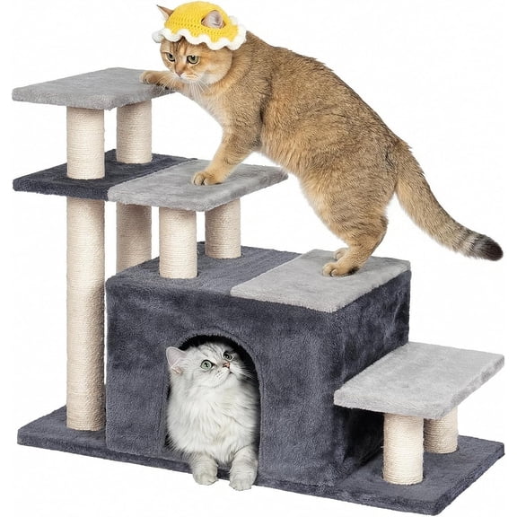 4-Tier Cat Stairs for High Bed with 22'' Cat Scratching Post, Pet Steps for Doggies Rabbit Ferret, Adjustable Cat Cave, Grey, Extra Large