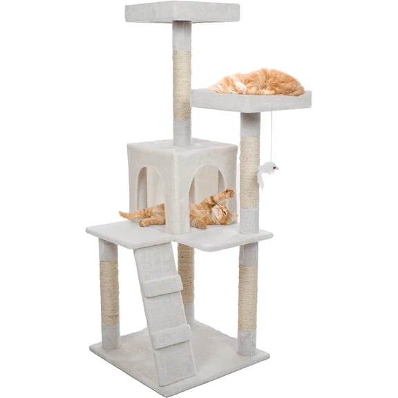 4-Tier Cat Tower - Napping Perches, Cat Condo with Ladder, 5 Sisal Rope Scratching Posts, Hanging Toy Cat Tree for Indoor Cats by (White)
