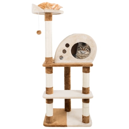 4 Tier Cat Tree- Plush Multi-Level Cat Tower with Sisal Scratching Posts, Perch, Cat Condo and Hanging Toy for Cats and Kittens By PETMAKER