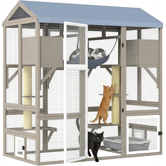 PETSCOSSET Catio Outdoor Cat Enclosure with Window Access, Walk-in Cat Patio with Expandable 7 Platforms