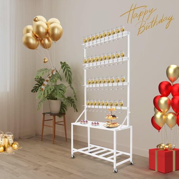 4-Tier Champagne Display Rack, Metal Bar Cart with Storage, Mobile Wine Glass Holder with Wheels for Party, Home Bar, Restaurant, Event Serving