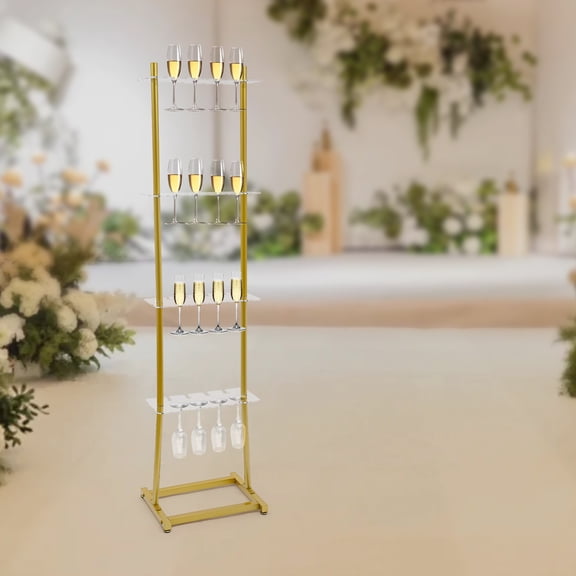 4-Tier Champagne Glass Holder, 32 Cups Acrylic & Metal Stemware Rack, 44Lbs Capacity 5.2ft Tall Display Stand for Wedding Birthday Party Bars (Gold)