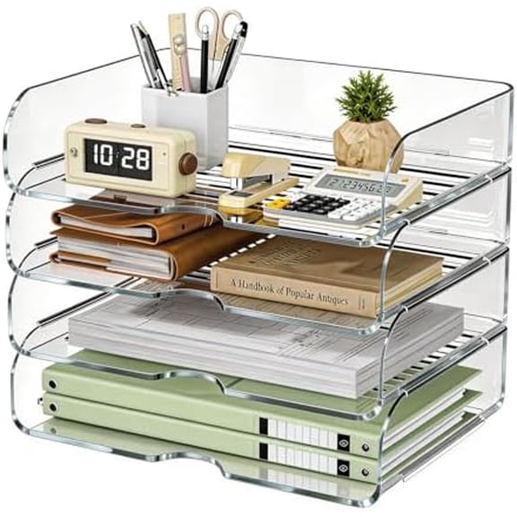 4 Tier Clear A4 Paper Organizer, Acrylic Desktop Organizer for A4 File, Stackable Papers Tray for Office, Large Capacity Desk Letter Holder, Stackable Paper Storage Rack, Horizontal Style$$Office