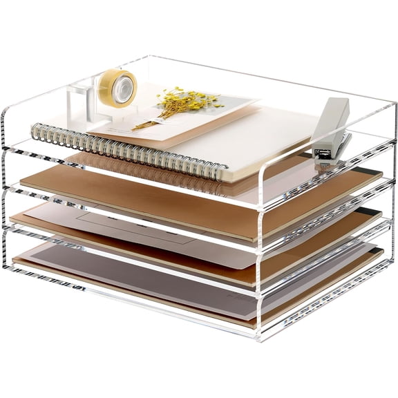 4 Tier Clear Acrylic Desk Organizer Tray for A4 Paper Stackable Document Sorter 12.4 x 8.86 x 6.64 Inches Style Thin 4 Tier Trays