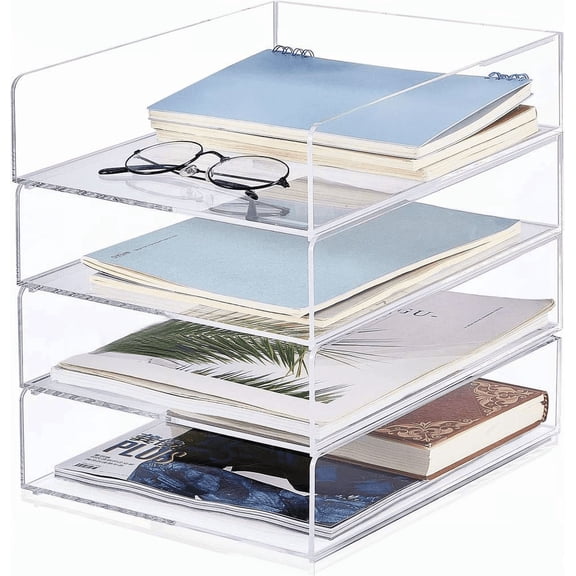 4 Tier Clear Acrylic Paper Organizer Tray Stackable Letter File Holder for A4 Documents