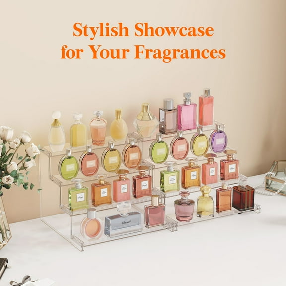 Lifewit 4 Tier Clear Display Risers Stand with Decorative Fences, Plastic Perfume Organizer, Display for Figures, Cupcake, Dessert, Desktop Stand for Organization and Decor, 1 pack, 12inch