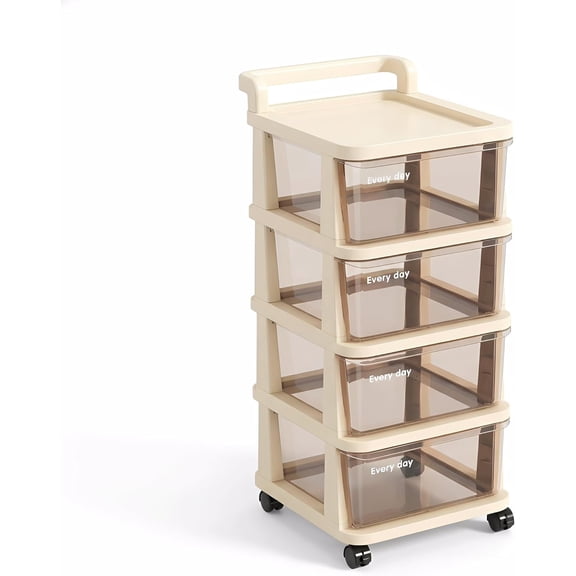 4-Tier Clear Drawer Storage Cart with Locking Wheels&Handle, Easy Assembly Rolling Storage Cabinet Organizer, Compact Drawer Tower for Bathroom Kitchen Dorm Office