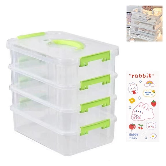 4-Tier Clear Plastic Stackable Storage Organizer with Handle, Portable Craft Supply Box for Beads Jewelry Sewing Tools, Stackable Drawer Container for Home Office Travel