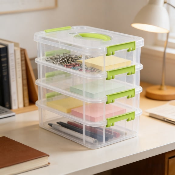4-Tier Clear Storage Bins With 2 Divided Trays, Stackable Carry Storage Box Container, Plastic Lidded Organizer Case With Handle for Beads, Tools, Arts & Crafts, Sewing, Office Supplies