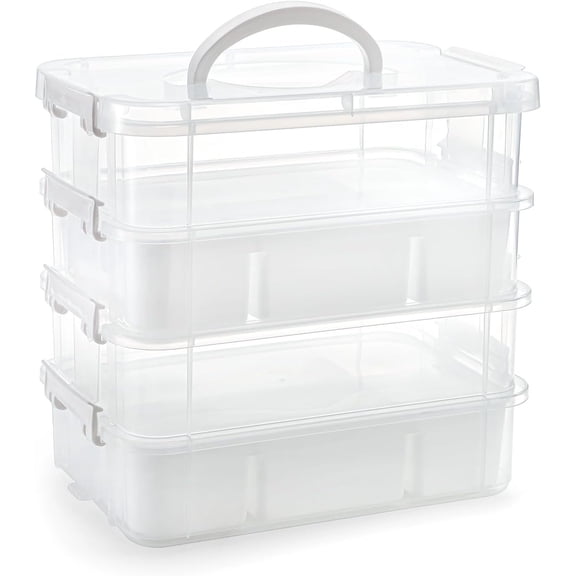 4-Tier Clear Storage Bins With 2 Divided Trays, Stackable Carry Storage Box Container, Plastic Lidded Organizer Case With Handle for Beads, Tools, Arts & Crafts, Sewing, Office Supplies