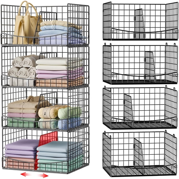 4-Tier Closet Organizers and Storage Shelves with Divider, Stackable Closet Shelf Organizer Basket Bins, Clothing Sweaters Storage Container for Wardrobe Cupboard, Black