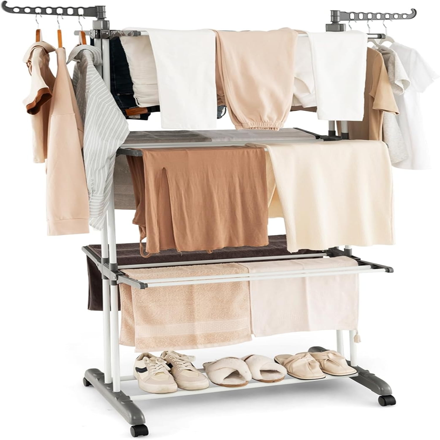 4Tier Clothes Drying Rack Collapsible Clothes Horse Rack with Rotatable Side Wings and Foldable