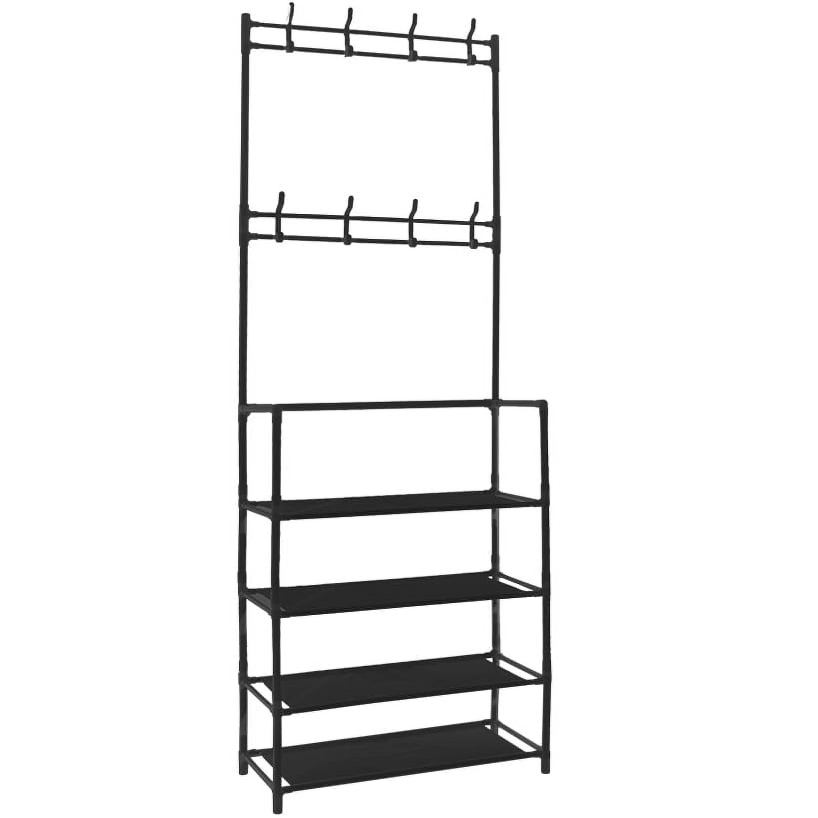 White Metal 4-Tier Clothing Rack with Hooks and Shelves