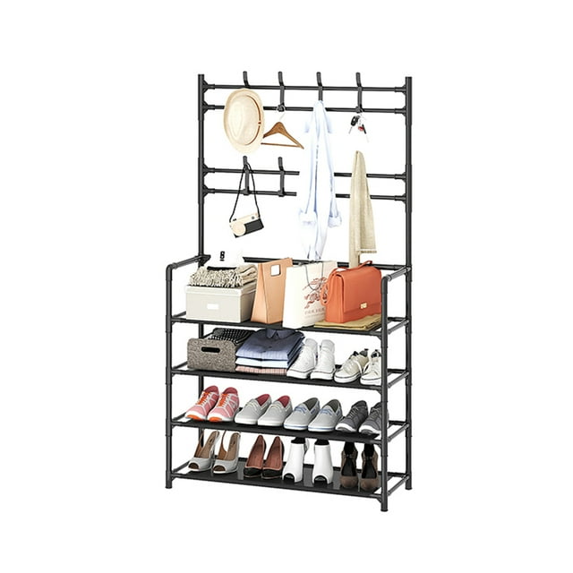 4Tier Coat and Shoe Rack, Entryway Bench with Coat Rack, Multipurpose