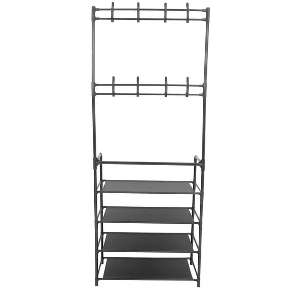 4-Tier Entryway Coat and Shoe Rack with 8 Hooks, Double Row Shoe Organizer for Living Room, Bedroom, Office - Black
