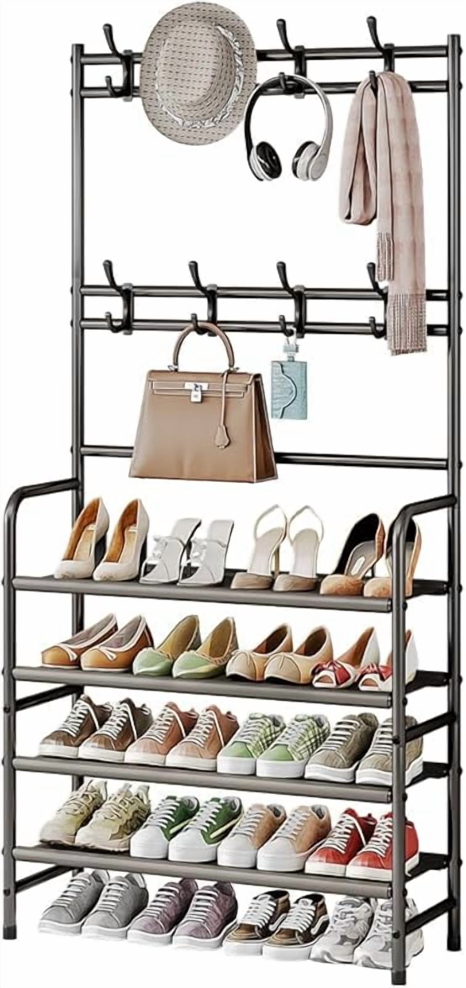 4 Tier Coat and Shoe Rack Entryway Coat Rack with 8 Hooks Shoes Organizer for Living Room Bedroom Office Brown