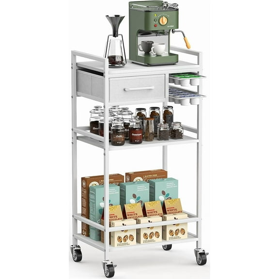 4-Tier Coffee Bar Cart with Storage, 33" H Coffee Station Cabinet with Pod Drawers for Nespresso Vertuo, Mini Toaster Oven Stand Table for Home, Kitchen, Living Room (White + Grey)