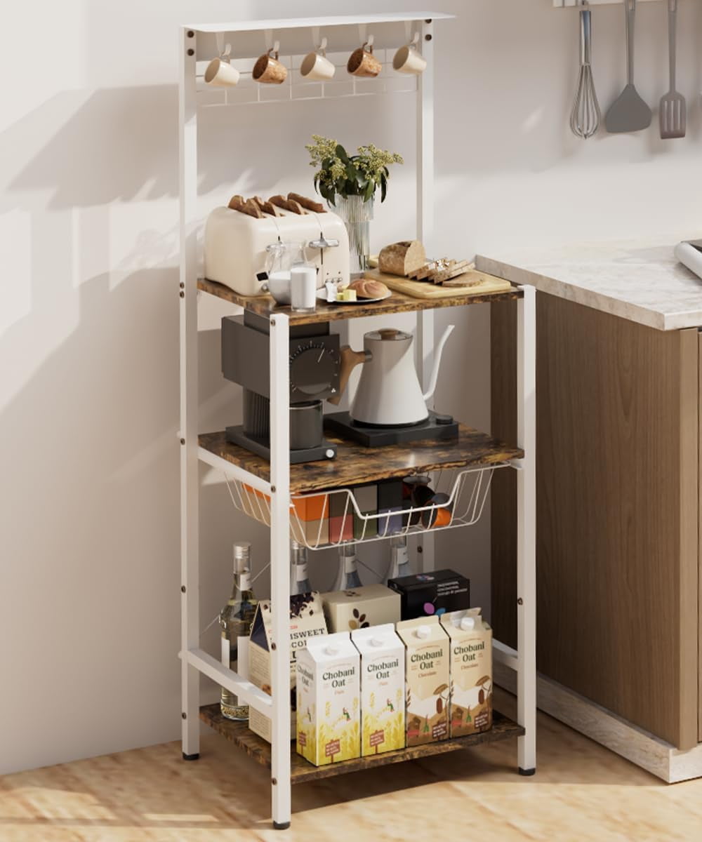 4 Tier Coffee Bar Station, Corner Bakers Rack with 5 Hooks & Wire ...