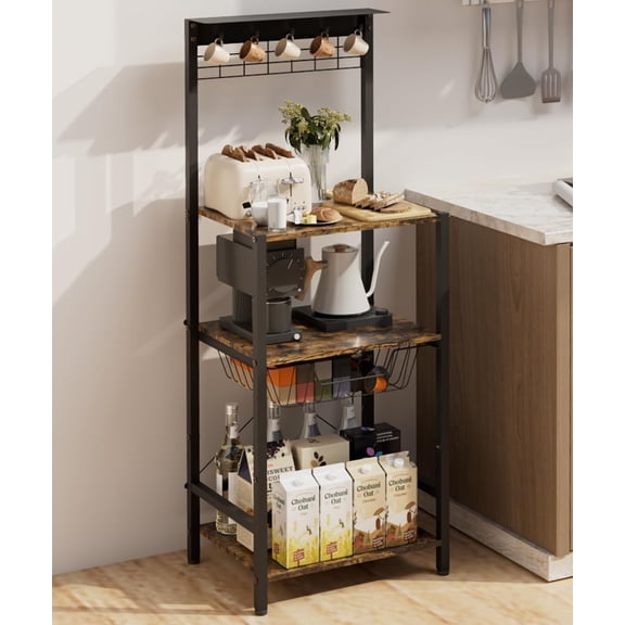 4 Tier Coffee Bar Station, Corner Bakers Rack with 5 Hooks & Wire Basket, Coffee Maker Stand for Small Space, Kitchen Storage Shelf for Entryway, Living Room, Café