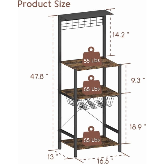 4 Tier Coffee Bar Station Corner Bakers Rack with Hooks Wire Basket for Small Space Kitchen Storage Shelf Entryway Living Room Black