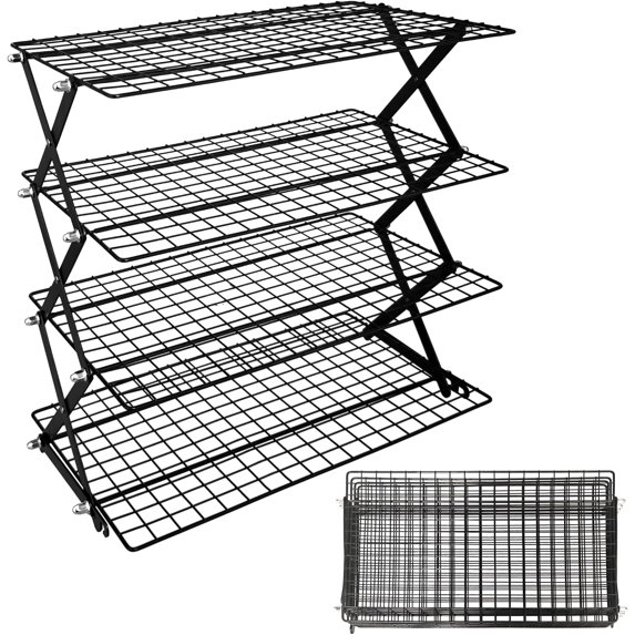 4 Tier Collapsible Cooling Rack, 3 Adjustable Setting Design Wire Baking Rack Stackable Cookies Bread Cooling Racks for Cooking and Baking, Roasting, Drying, Bakers
