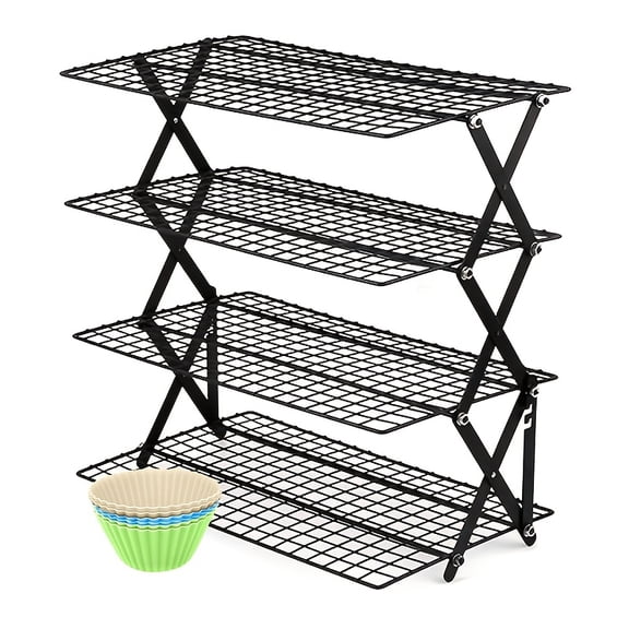 4-Tier Collapsible Cooling Rack, 6 Muffin Cups, Outdoor Picnic Rack, Suitable for Baking, Cookies, Cakes, Roasting, Barbecuing, Muffin Cakes, And a Metal Wire Cooling Rack for Drying Clothes - Black