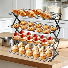 4 Tier Collapsible Cooling Rack, Adjustable & Stackable Baking Rack, 5 Modes Foldable Cooling Racks for Cookies, Cake, Roasting, Outdoor Camping & Picnic - Black