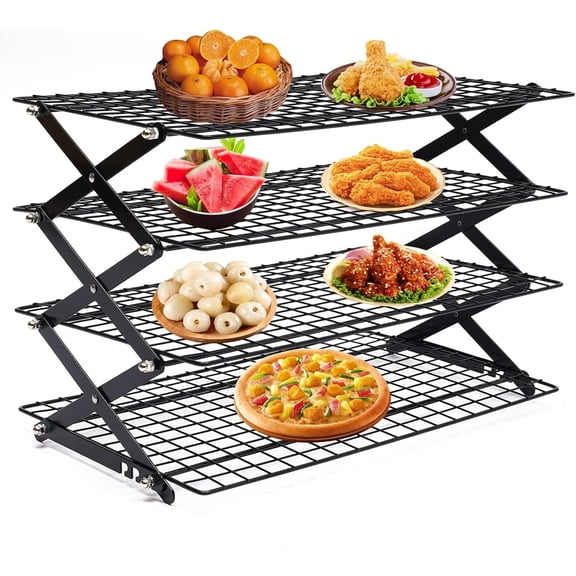 4-Tier Collapsible Cooling Rack, Adjustable Stackable Roasting Cooking Drying Wire, Barbecue Storage Display Shelf for Cookies Baking Picnic Party
