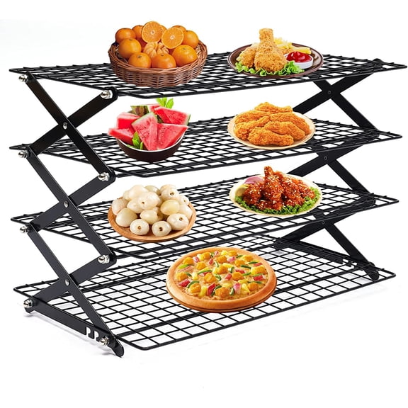 4-Tier Collapsible Cooling Rack, Adjustable Stackable Roasting Cooking Drying Wire, Barbecue Storage Display Shelf for Cookies Baking Picnic Party