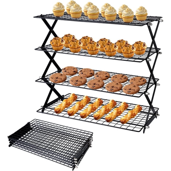 4 Tier Collapsible Cooling Rack, Adjustable Stackable Stainless Steel Baking Rack with Leak-Proof Mesh & X-Shaped Structure, Dishwasher Safe for Cookies, Bread, Pastries